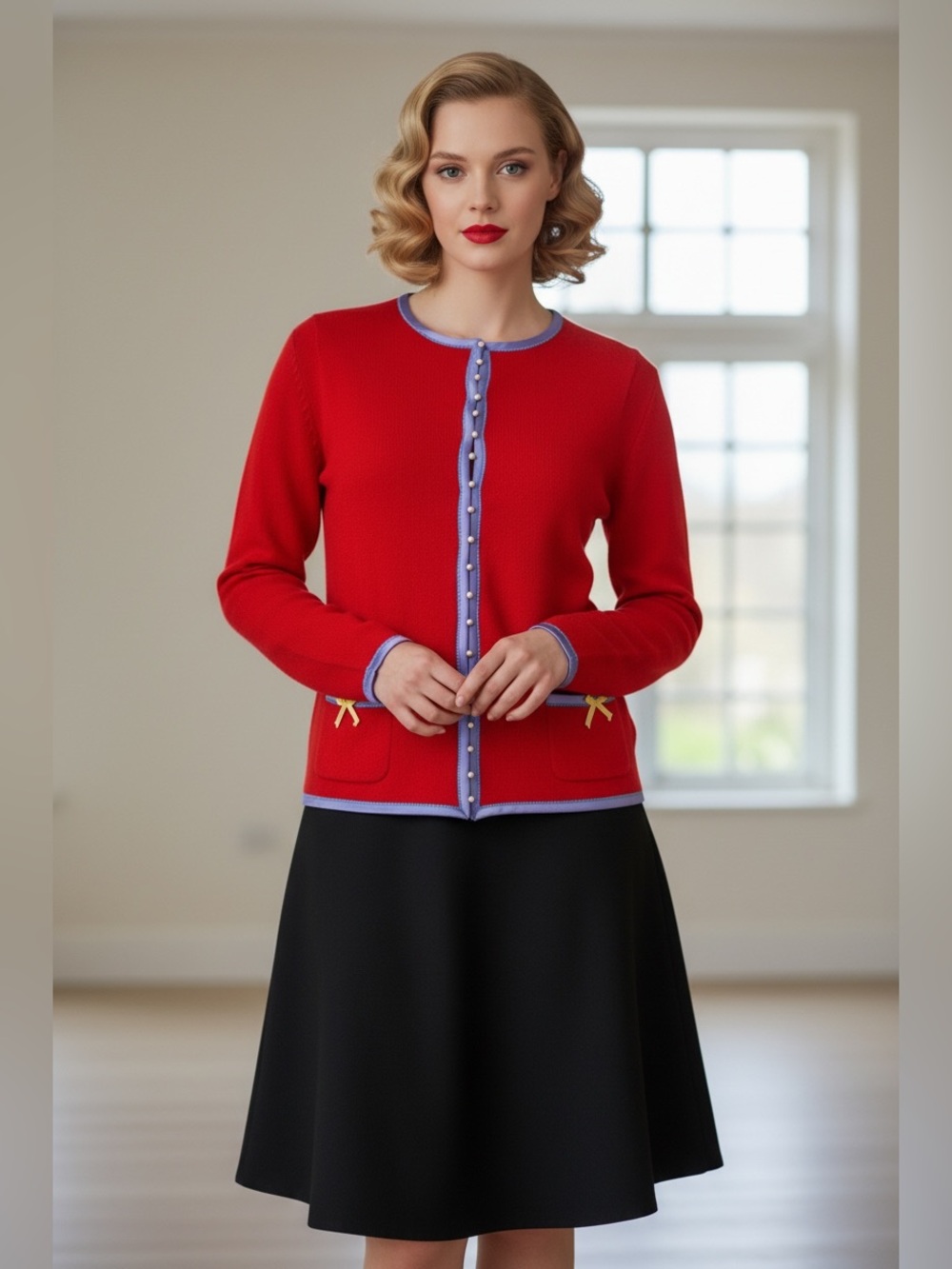 Gucci Red Knit Cardigan with Lavender Trim and Yellow Bow Accents